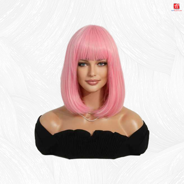 Pink Short Straight Wigs Women's Pink Bangs Short Wig