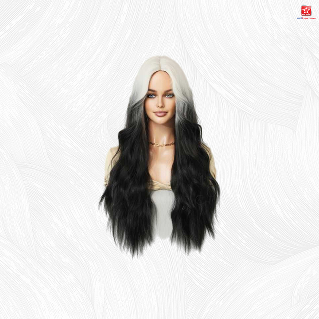 Wholesale Women's Black And White Gradient Centre Parted Long Curly Wig Natural Human Hair Wigs