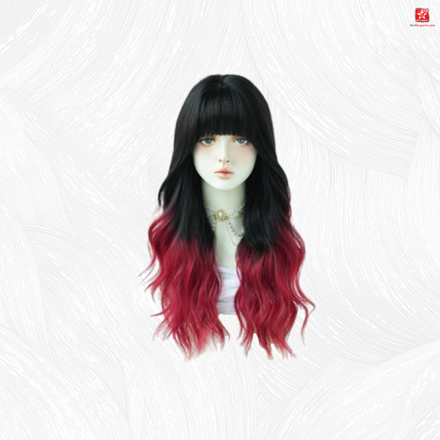 Natural Human Hair Wigs Women's Black And Red Gradient Wavy Long Curly Wig