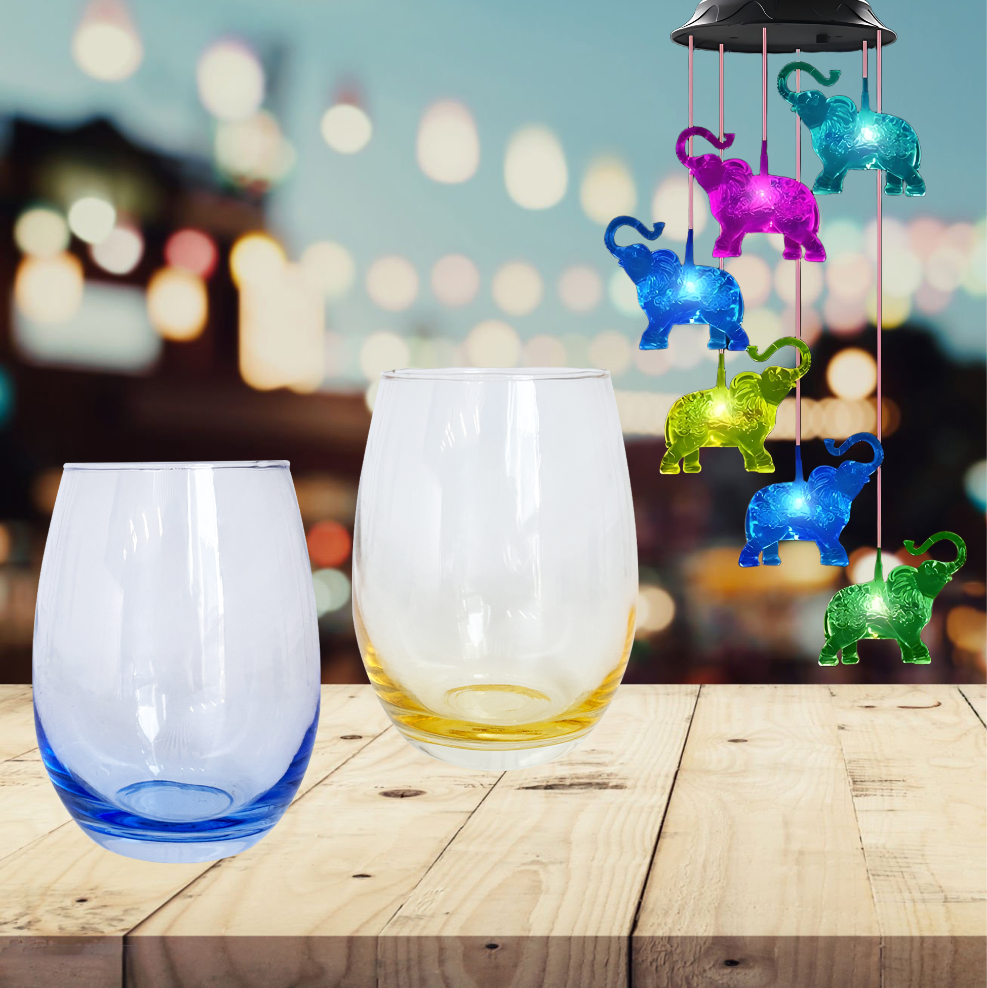 Elephant - Themed Wine Glass & Wind Chime Night Light Set