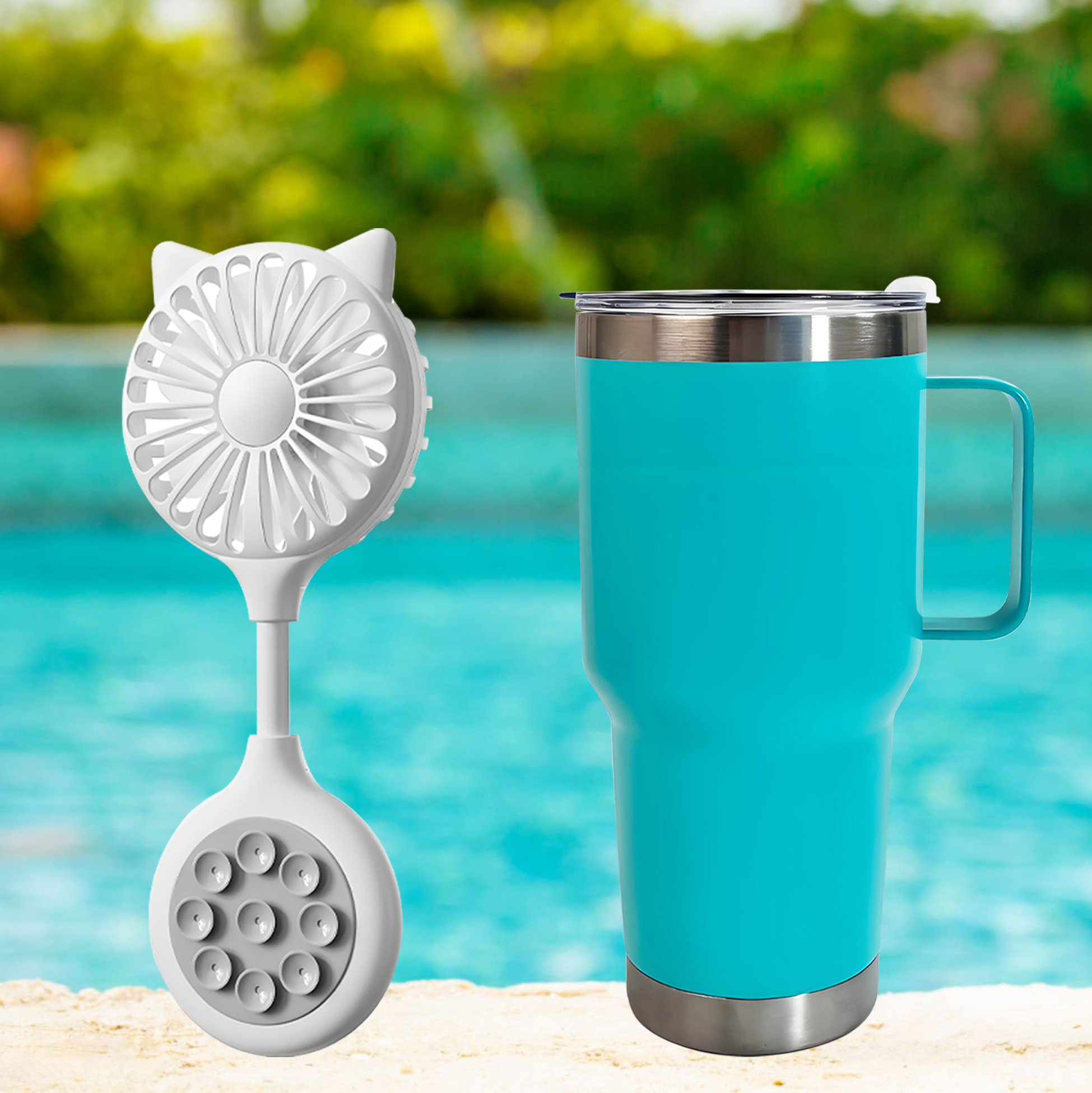 Stainless Steel Travel Mug & Cat - Ear Mini Fan Set