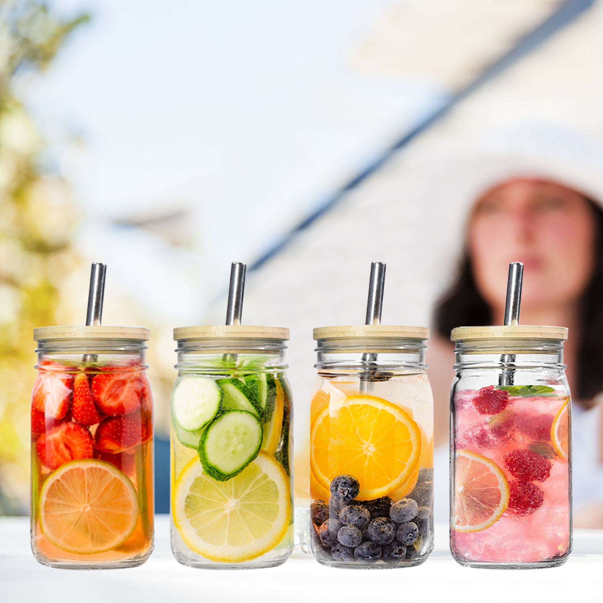 Set of 8 Mason Jar Style Glass SUS Straw with Bamboo & Tin Lids