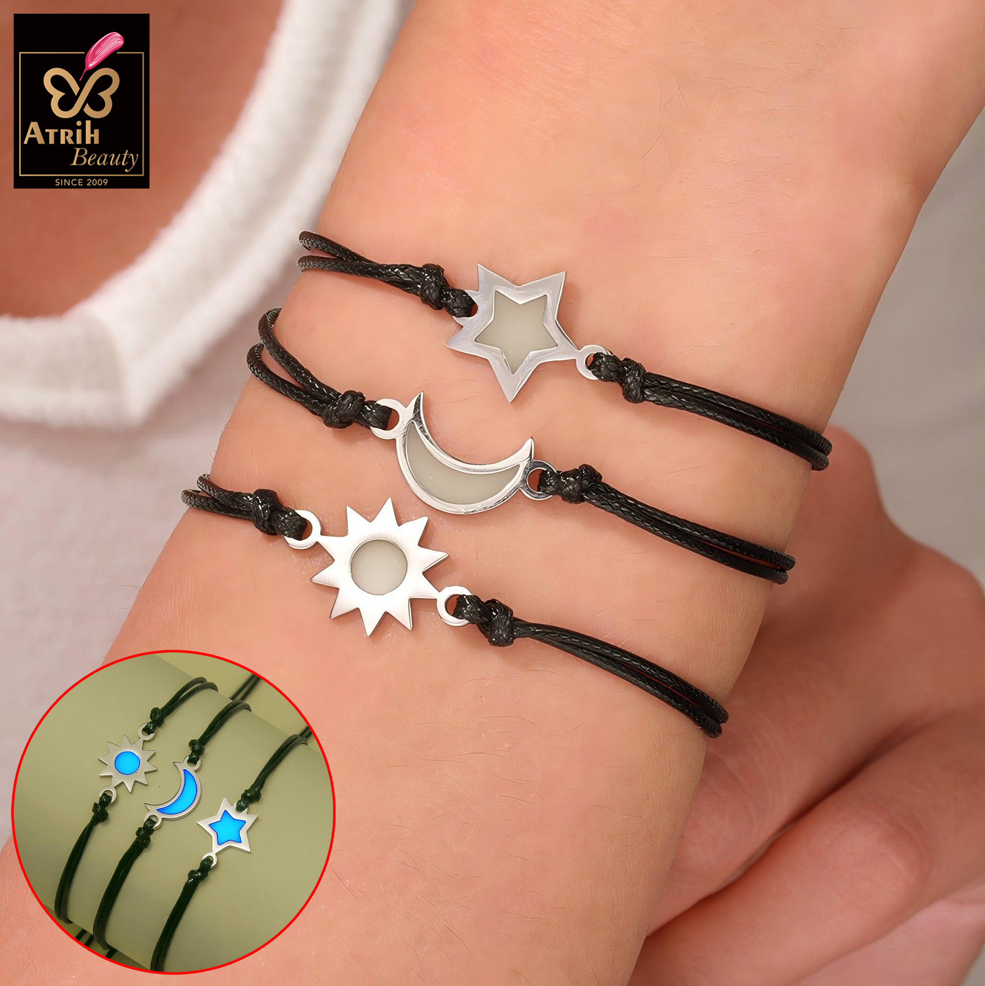 Adjustable Black Cord Bracelet with Celestial Symbol Charm
