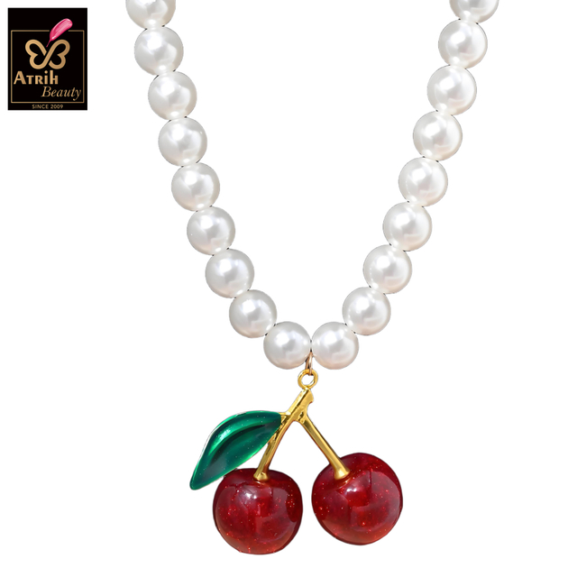 Pearl Necklace with Cherry Pendant Vintage Inspired Jewelry