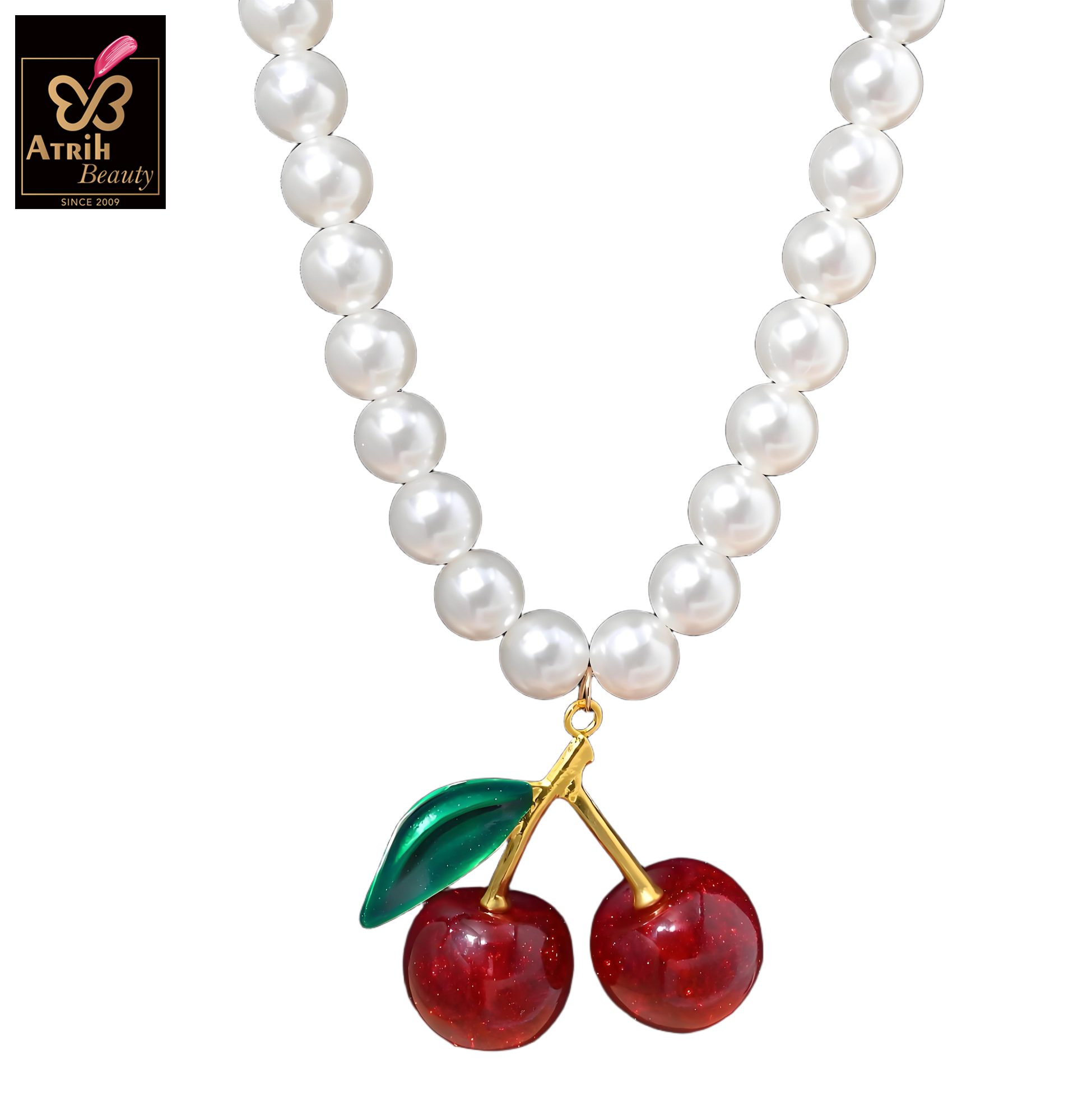 Pearl Necklace with Cherry Pendant Vintage Inspired Jewelry