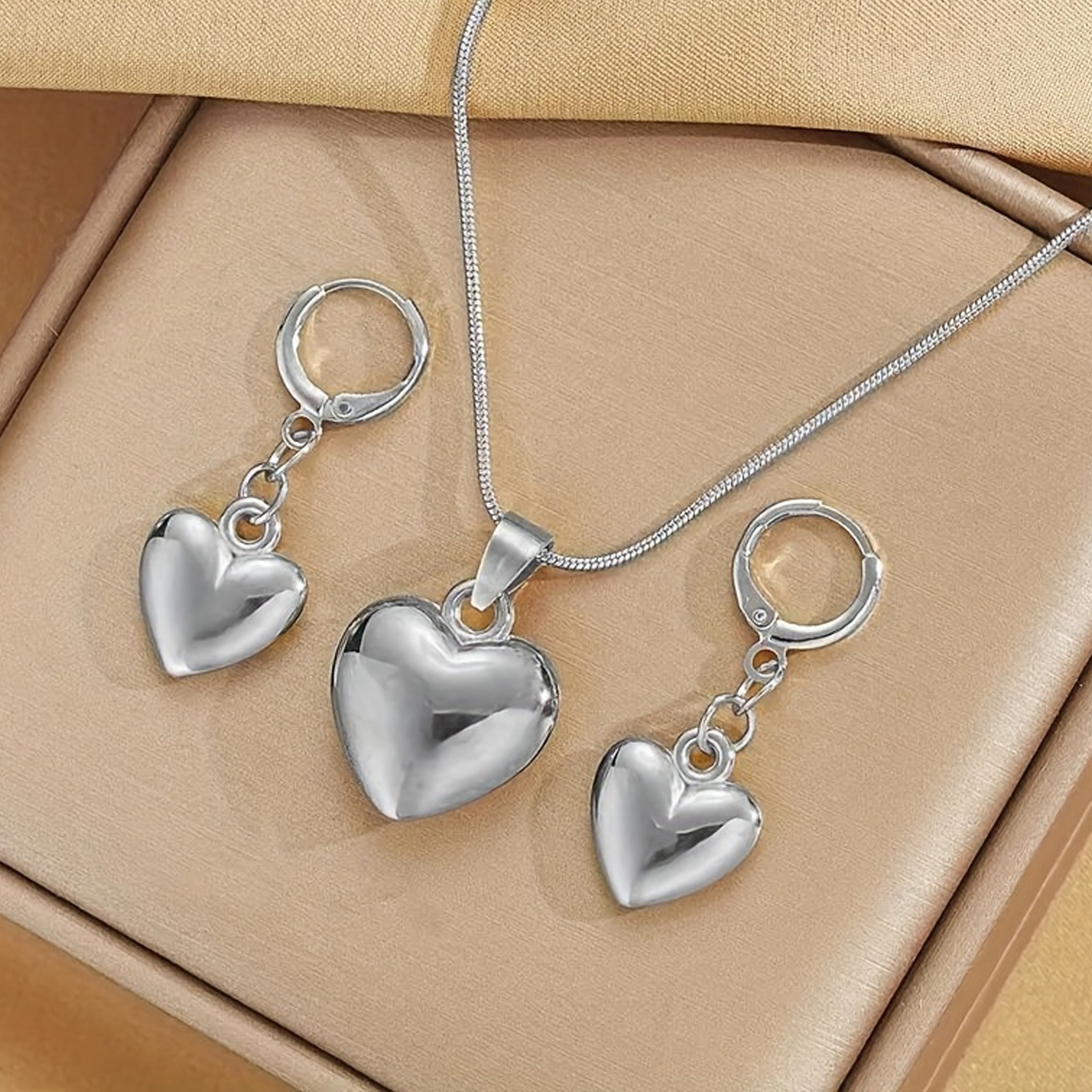 Silver Heart Jewelry Set with Necklace & Earrings