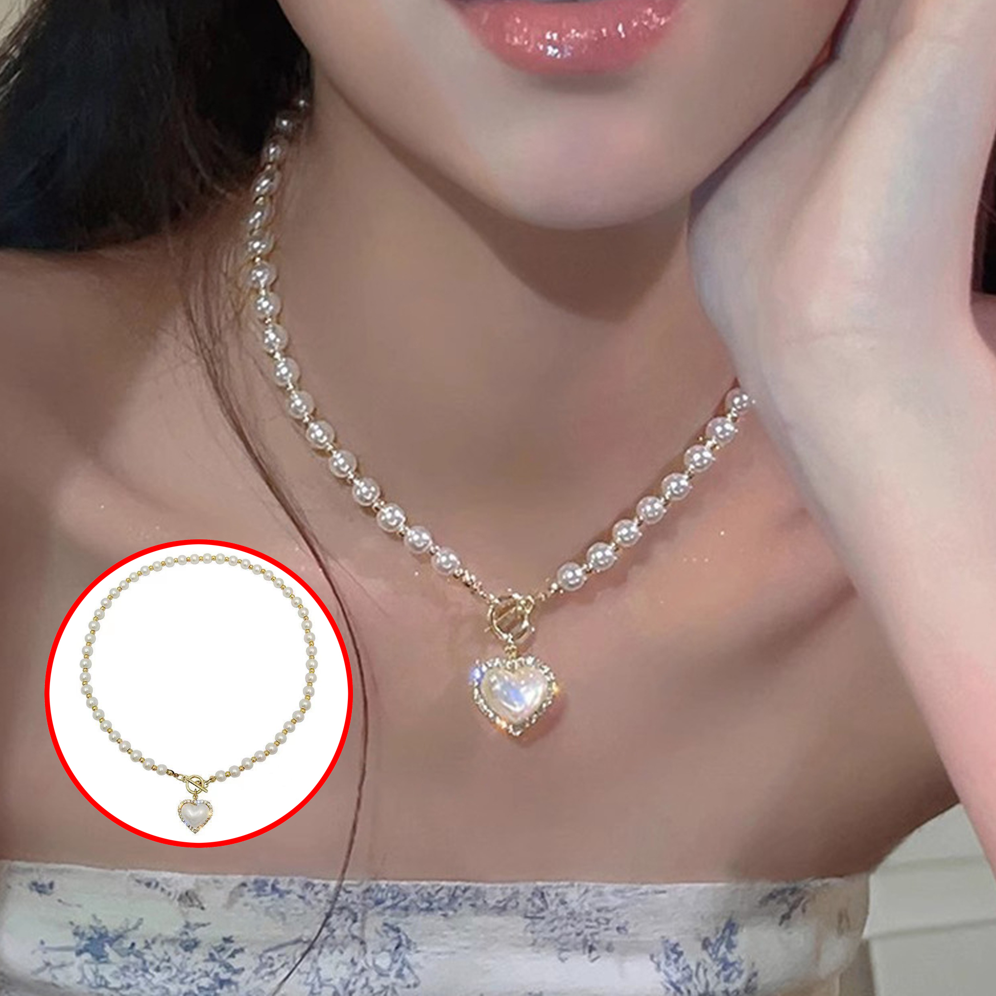 Gold Tone Heart-Shaped Pearl Necklace