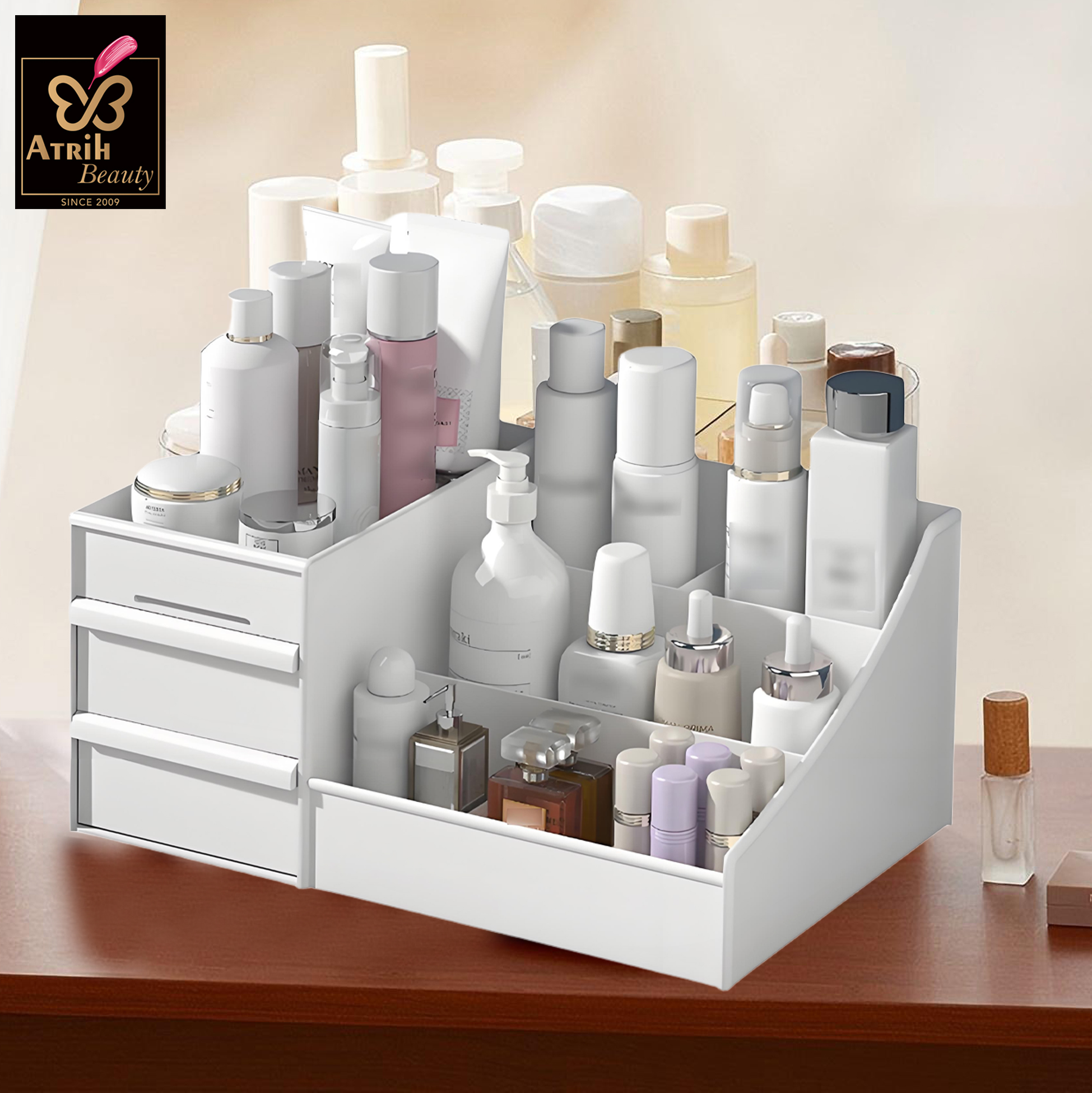 White Multi Compartment Cosmetic Organizer with Drawers