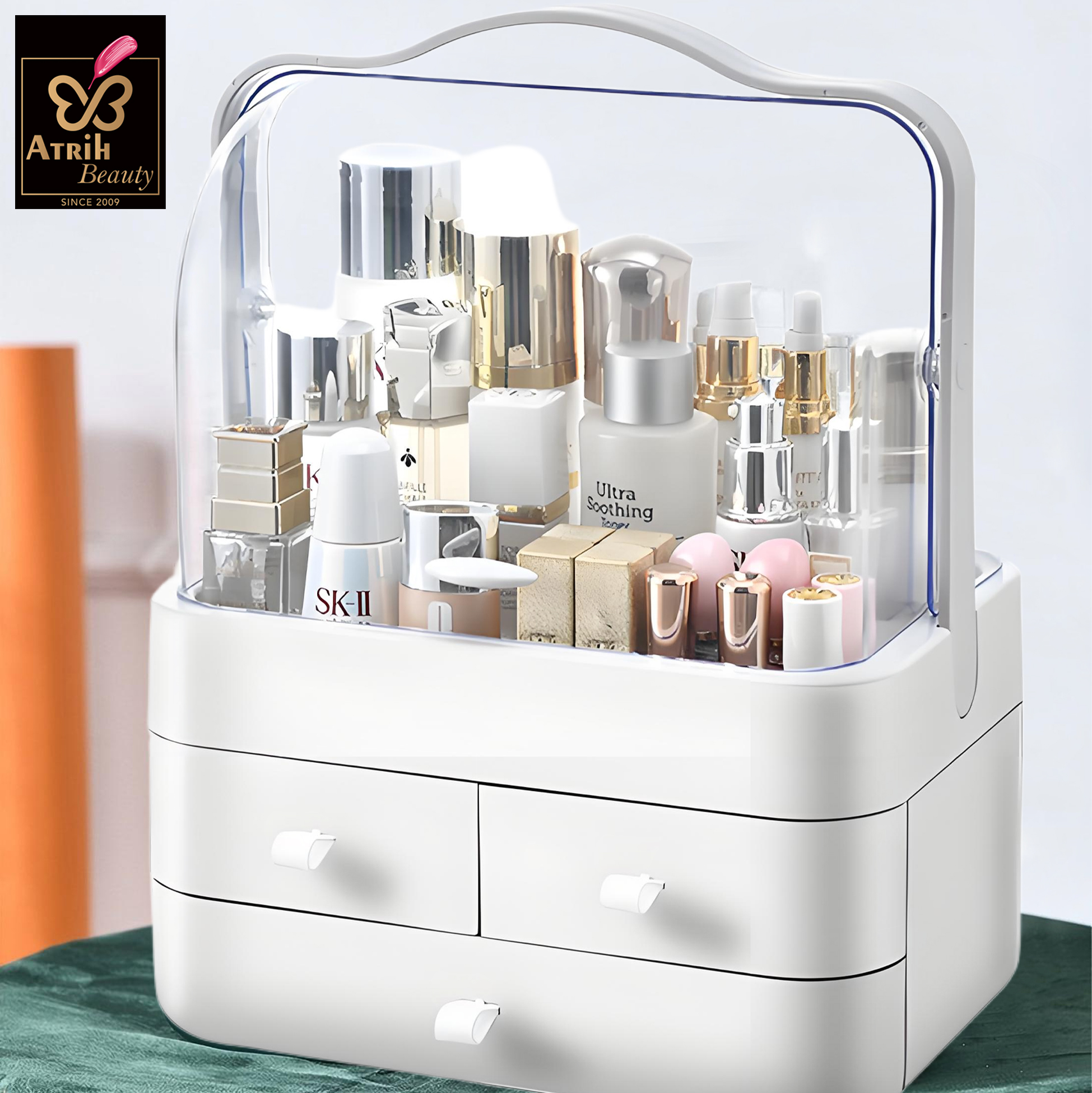 White Cosmetic Organizer with Transparent Lid & 3 Drawers