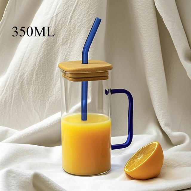 Transparent Glass Mug with Wooden Lid & Straw