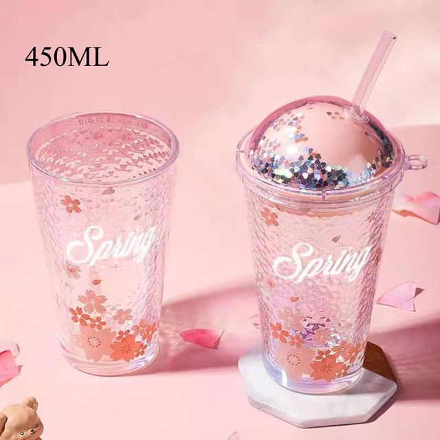 450ML Sakura Themed Glass Straw Cup