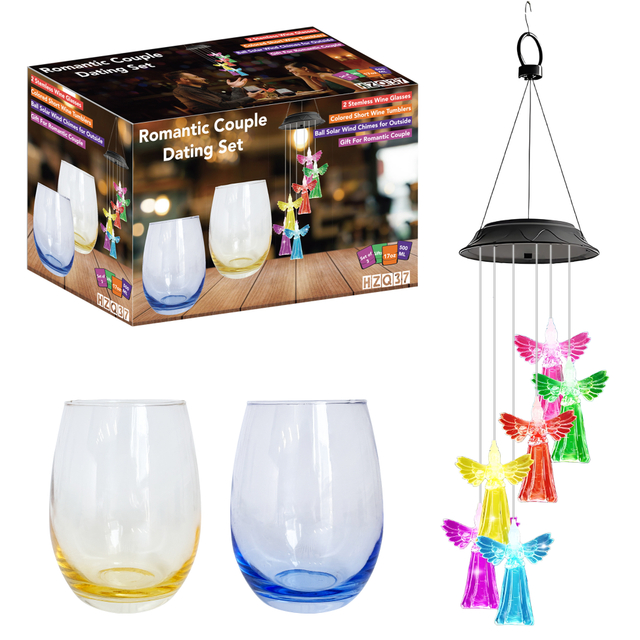Colorful Angel Wind Chime & Tinted Wine Glass Set