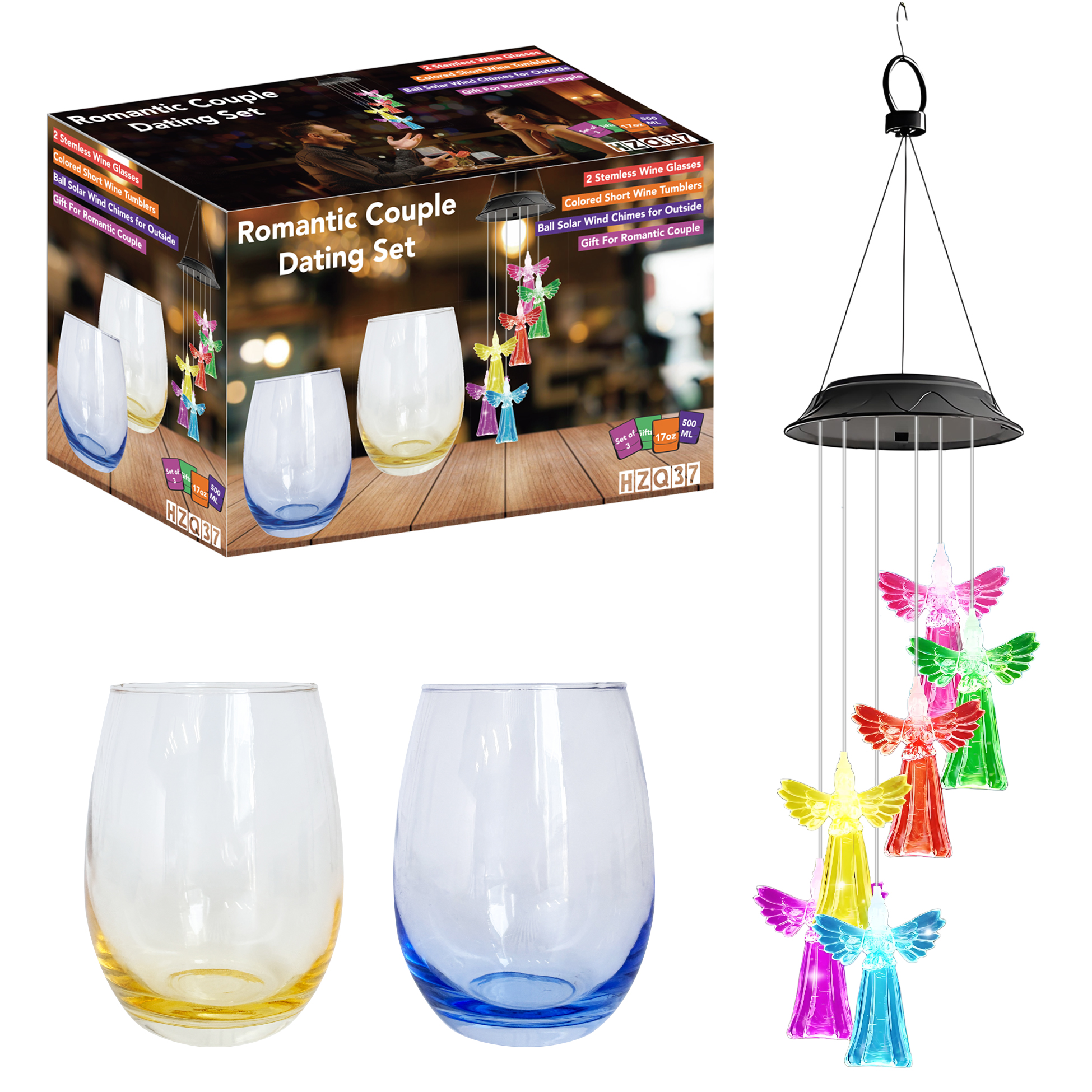 Colorful Angel Wind Chime & Tinted Wine Glass Set