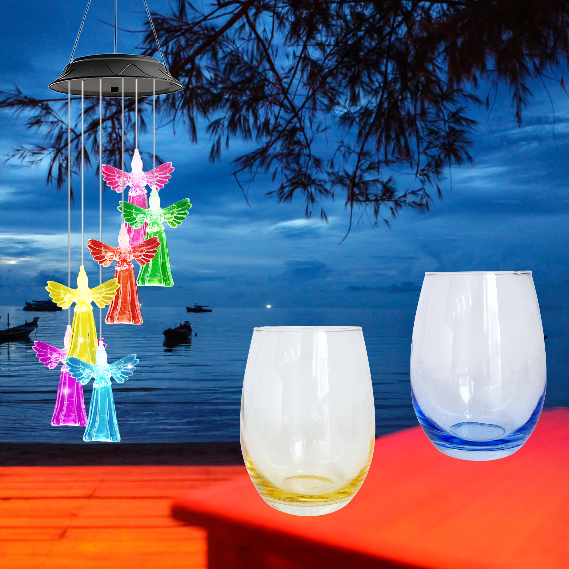 Colorful Angel Wind Chime & Tinted Wine Glass Set