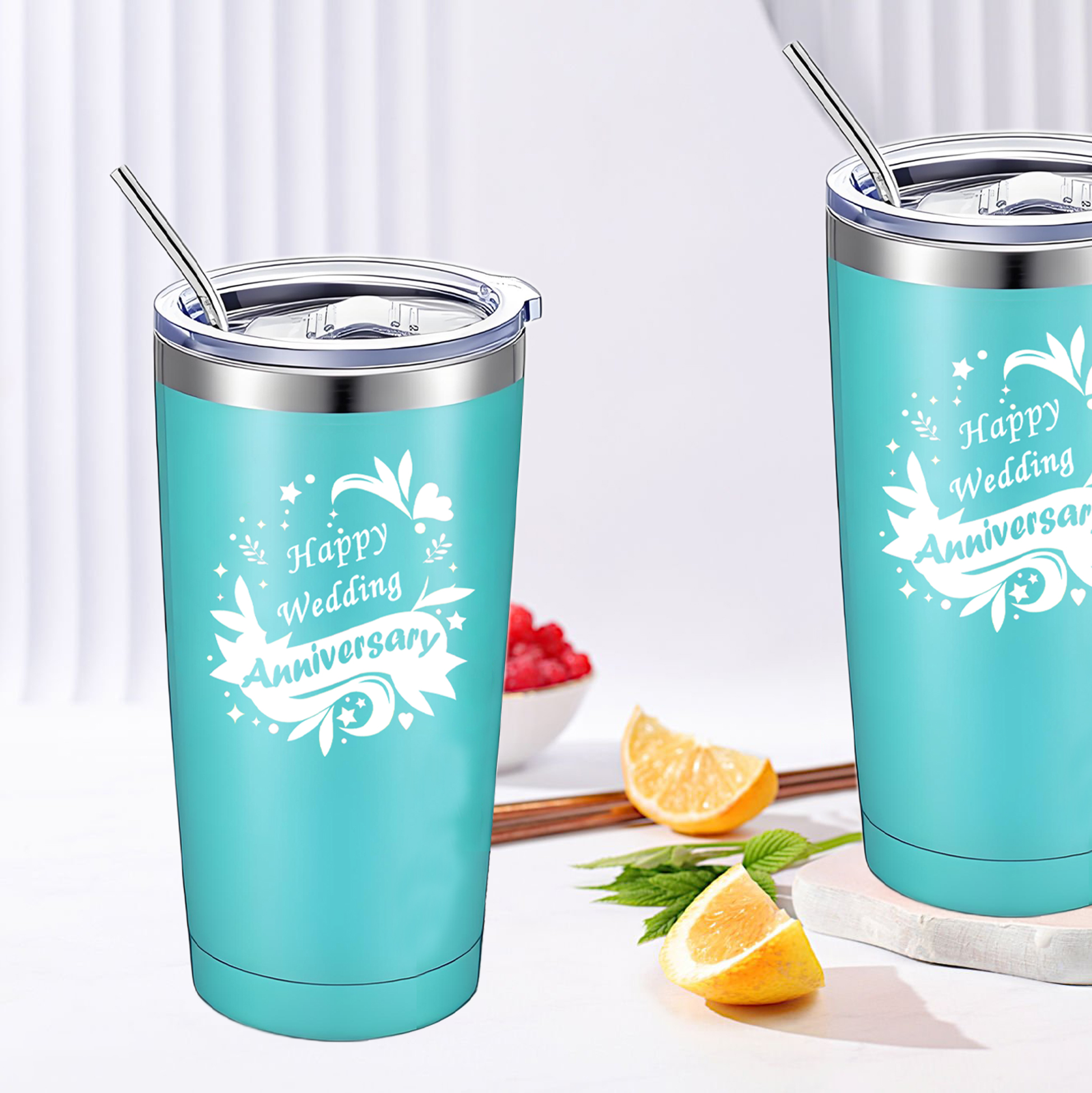 "Happy Wedding Anniversary" Stainless Steel Tumbler & Keychain Set