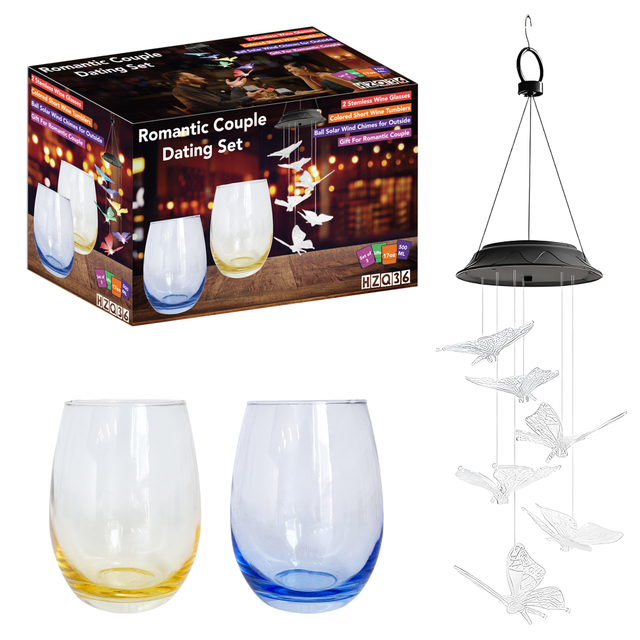 Butterfly Wind Chime & Color Tinted Wine Glass Set