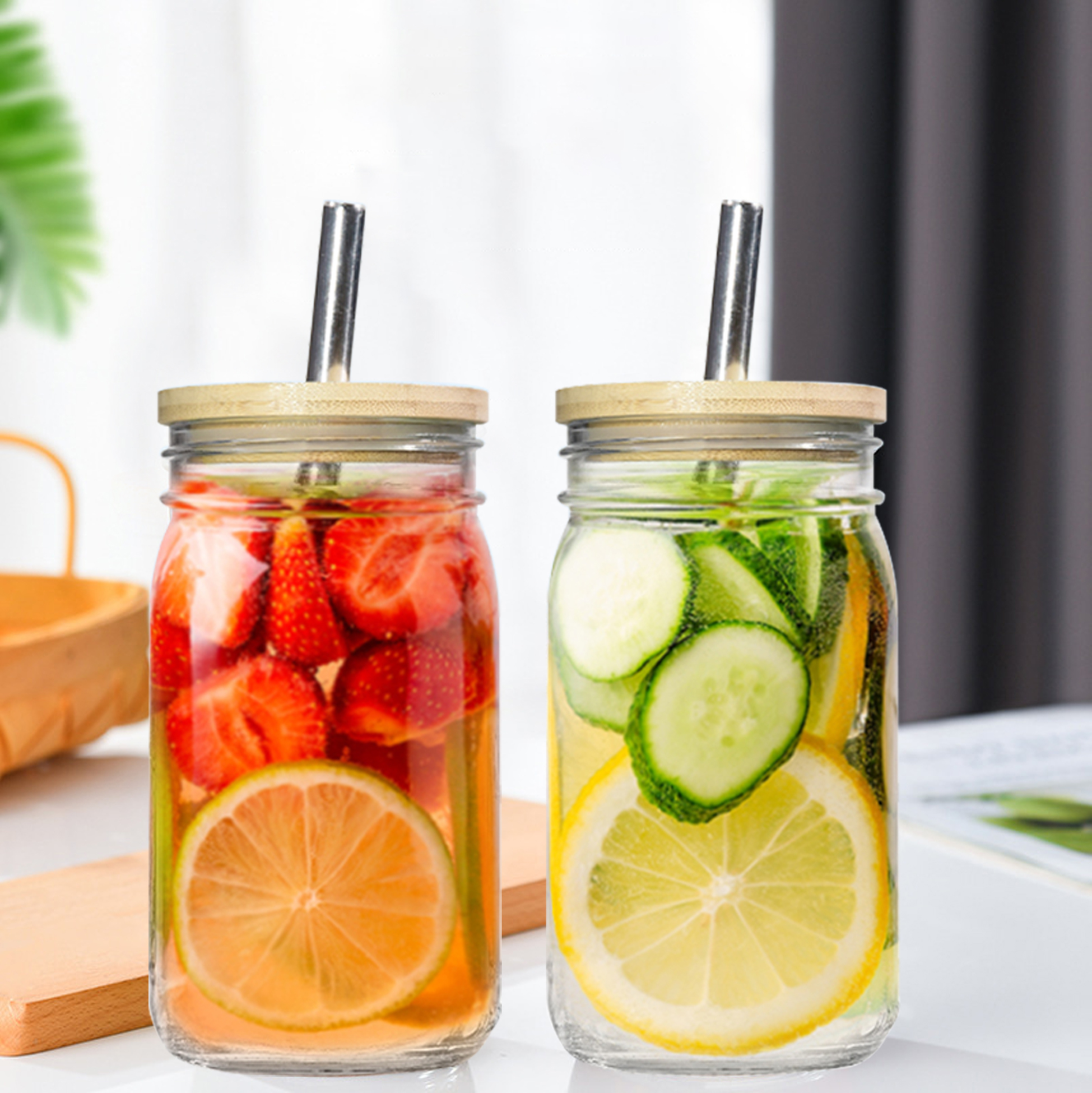 Set of 4 Mason Jar Style Glass SUS Straw with Bamboo & Tin Lids