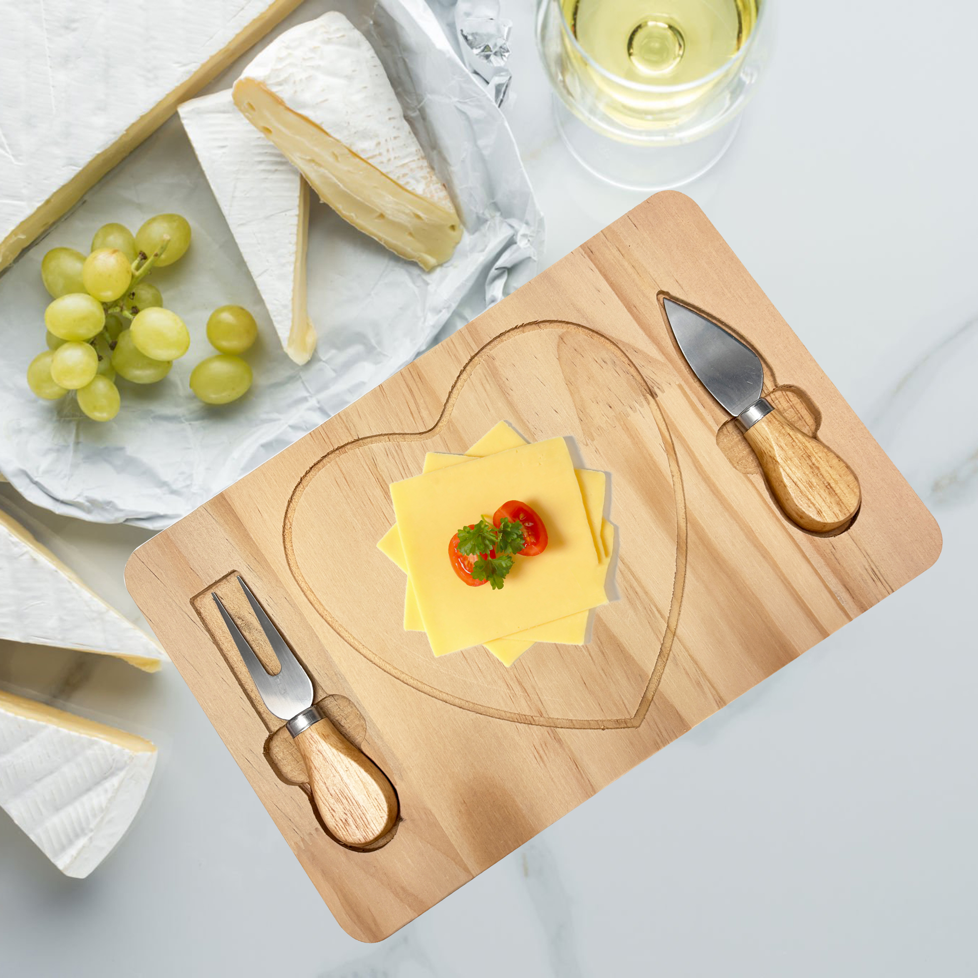 Heart Shaped Wooden Cheese Board Set with 2 Tools