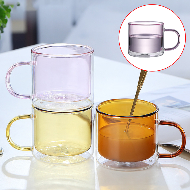 200ml Double Walled Pink tinted Glass Mug with Handle