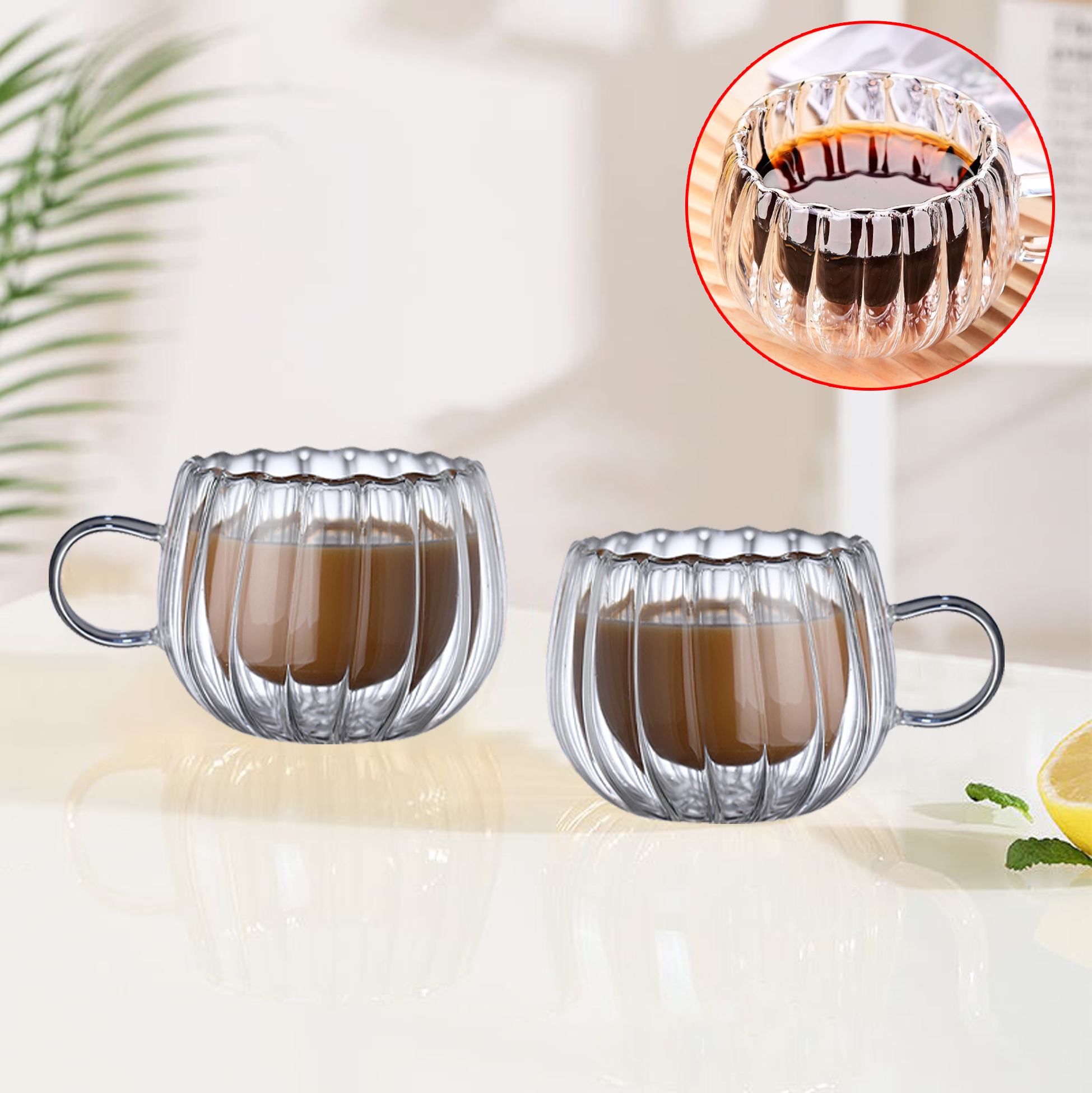100ml Double Walled Ribbed Glass Coffee Mug with Handle