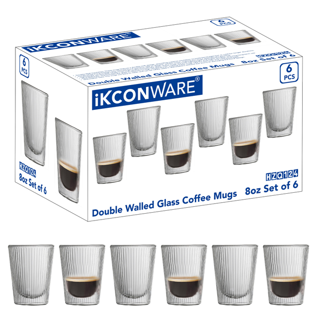 6 Pcs Double Walled Ribbed Glass Cup