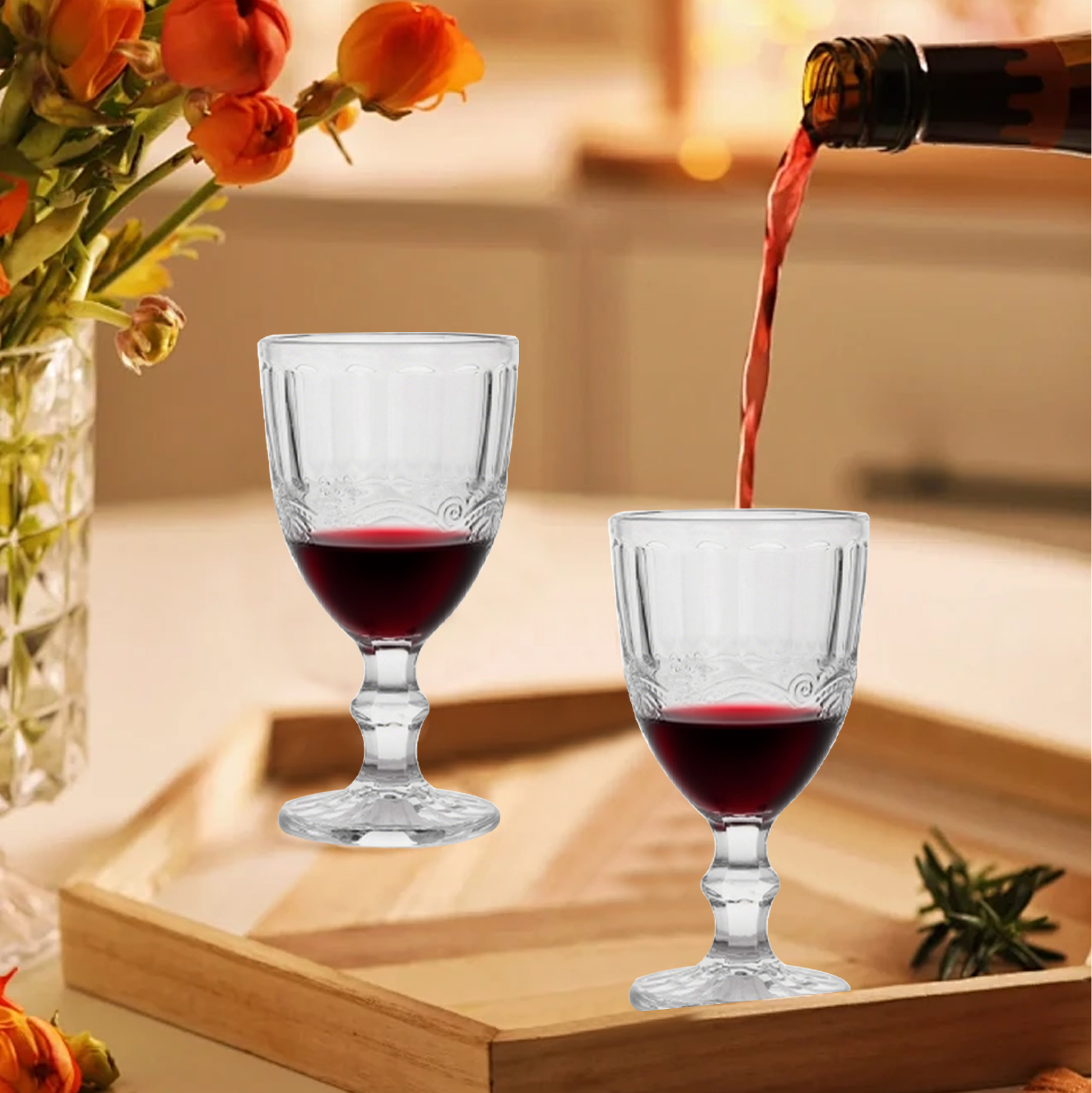 6-Piece Vintage-Etched Wine Glass Set