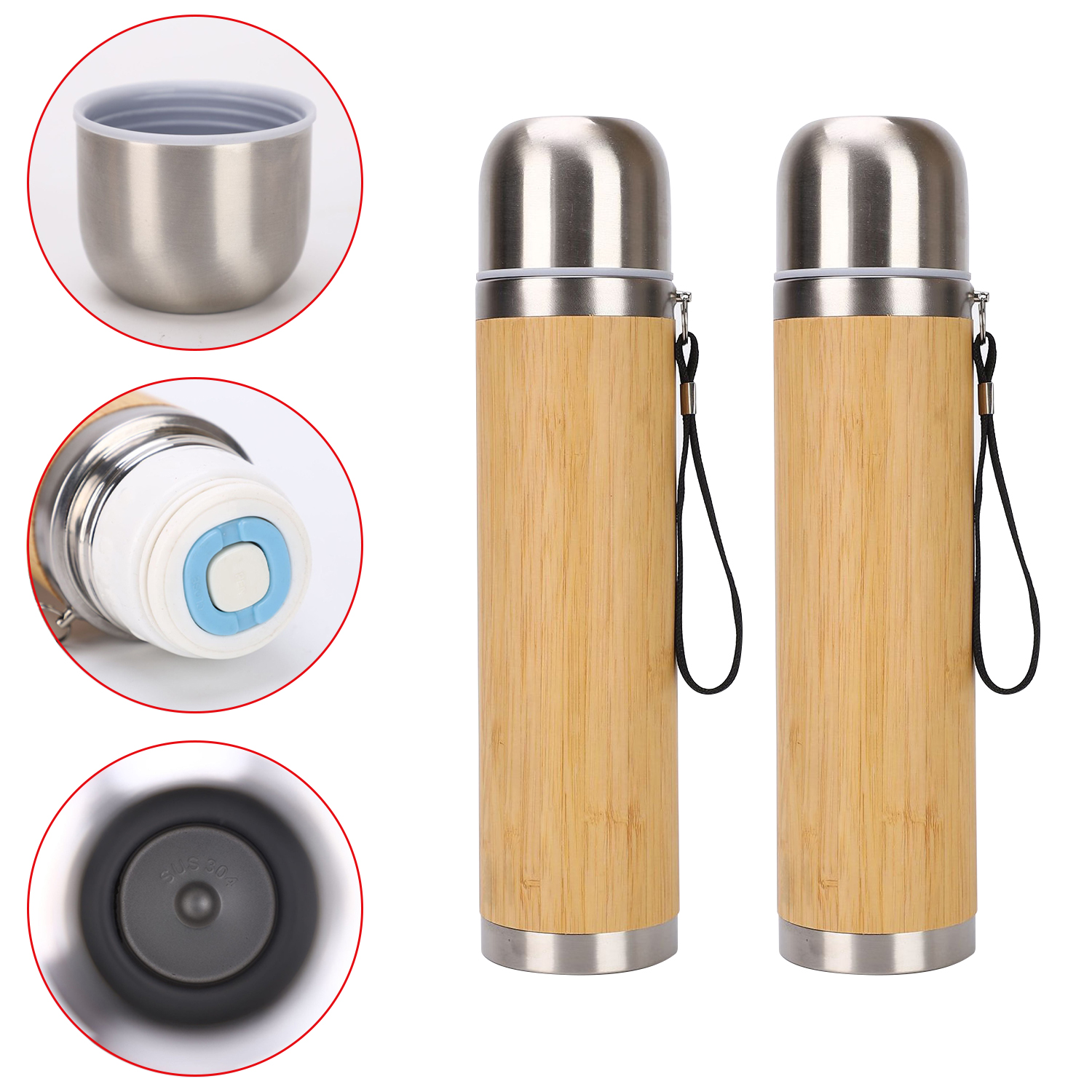 450ml Bamboo Shell Water Bottle Stainless Steel Insulated Vacuum Bullet Shape Outdoor Travel Flask Bamboo Thermos 