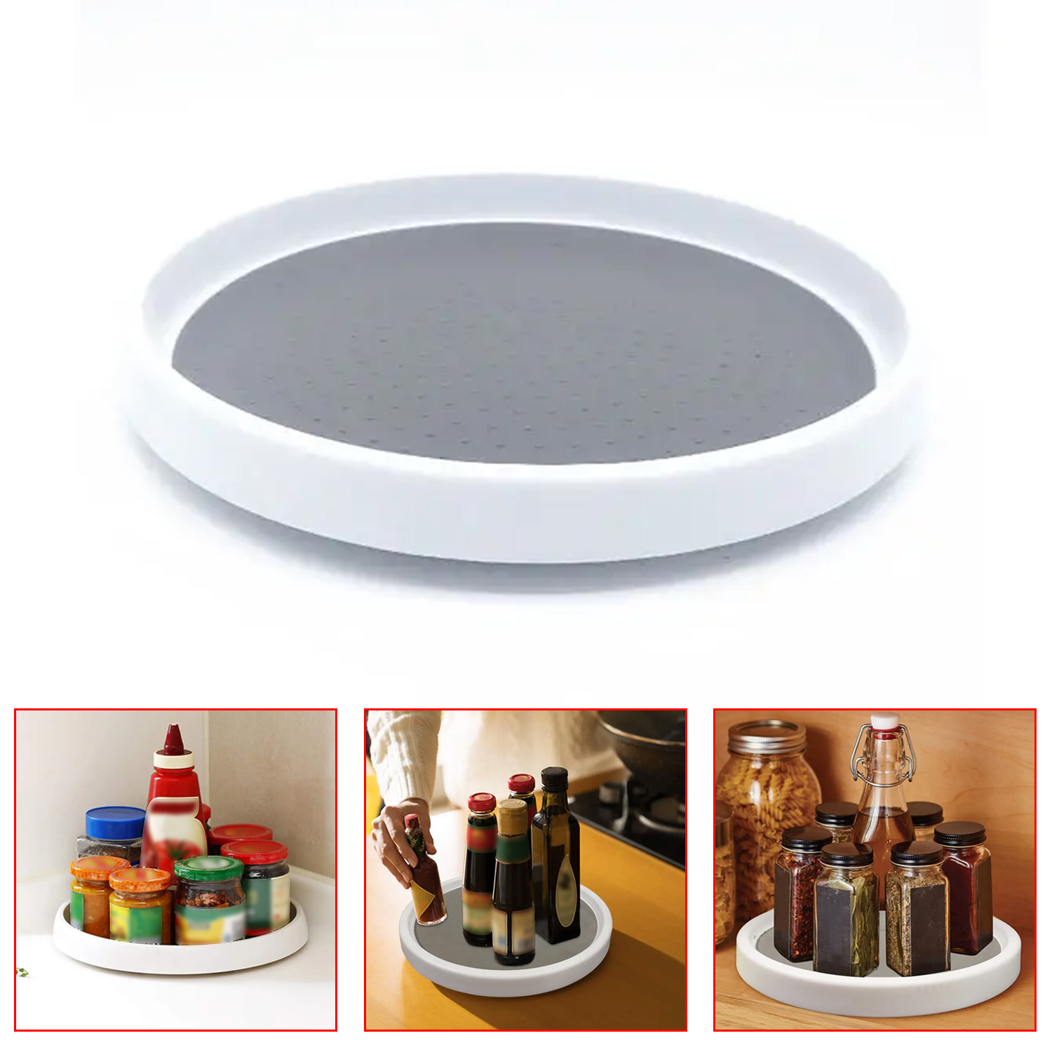 360 Rotation Non-Skid Spice Rack Pantry Cabinet Turntable with Wide Base Storage Tray Rotating Organizer for Kitchen Seasoning