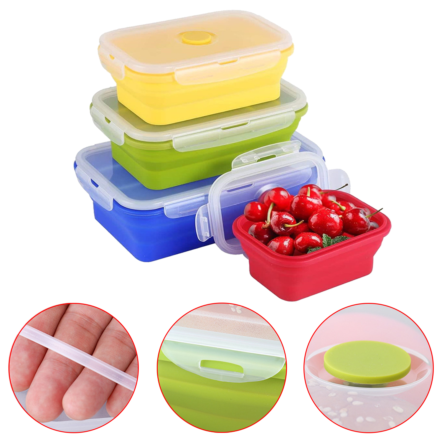 Silicone Folding Lunch Box with Lid 350ML/500ML/800ML/1200ML 4-piece Set Silicone Square Portable Folding Lunch Box