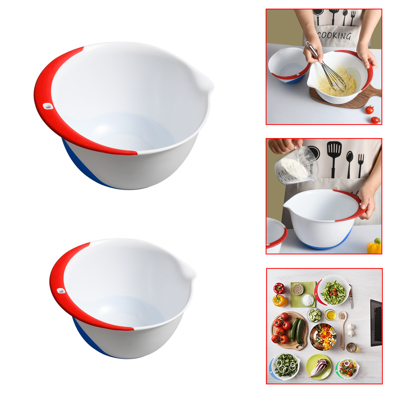 2pcs Plastic Salad Bowl Fruit Mixing Bowl Set With Silicone Bottom