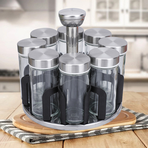 Spice Jar Set Rack Glass Organizer Rotating Glass Seasoning Sugar Pepper Bottles Salt Shakers Holder Kitchen Storage Rack