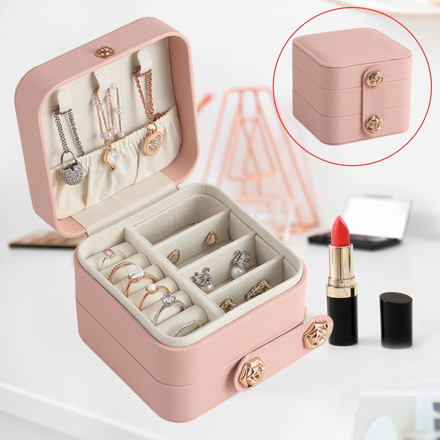 Wholesale PU Leather Small Double Layer Square Jewelry Box Travel Jewellery Organizer Necklace Ring Earring Gift Case