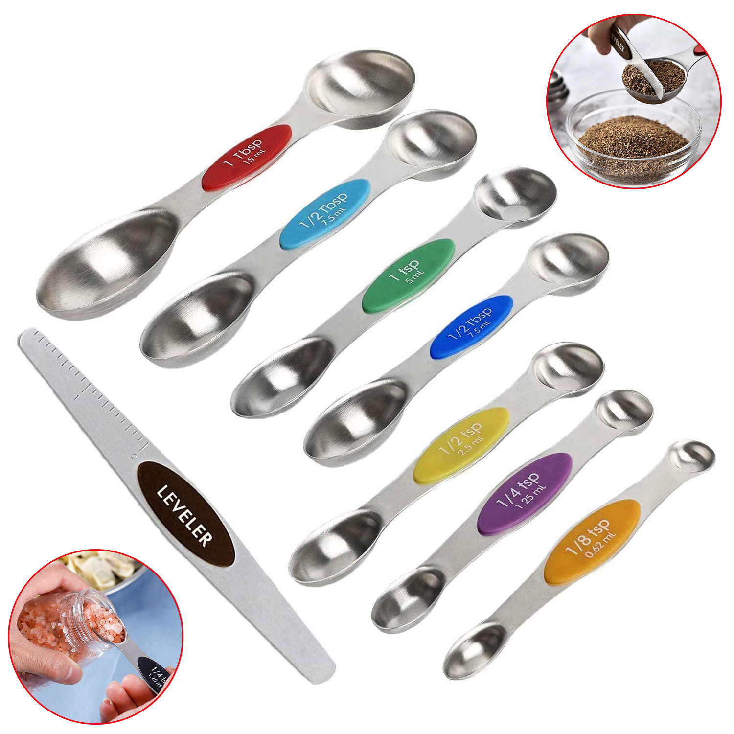 8 PCS Stainless Steel Double Headed Measuring Spoon Leveler Set For Baking With Magnetic Multicolor
