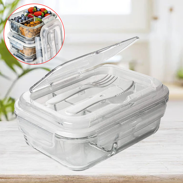 Glass Lunch Box Microwave Bento Box Food Storage Box Split Storage Box with Spoon And Fork Food Box