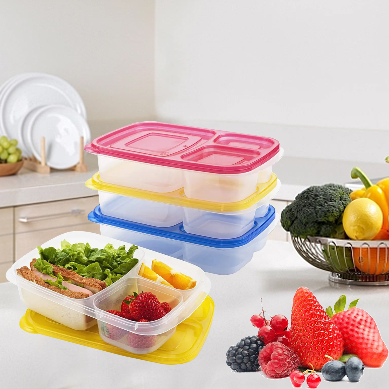Multi Color Plastic Three Compartment Lunch Box Food Lunch Box Microwave Picnic Food Container Storage Box