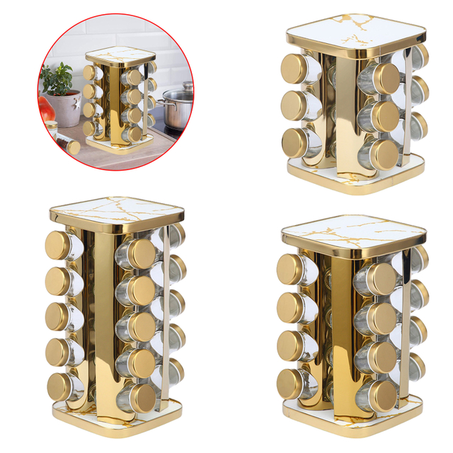 360 Degrees Rotating Spice Rack with 12 Pcs 16 Pcs 20 Pcs Seasoning Jars,Rounded Square Revolving Tower Organizer Marble-Grain Stainless Steel for Kitchen Storage Rack