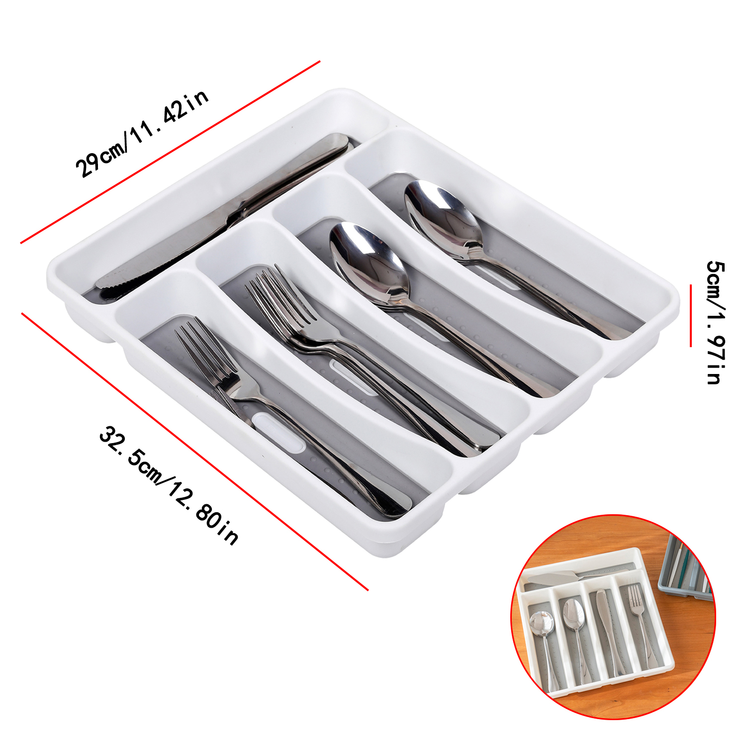 Cutlery Storage Tray Large Silverware Tray 5 Compartments Kitchen Drawer Organizer with Soft-Grip Lining And Non-Slip Rubber Feet