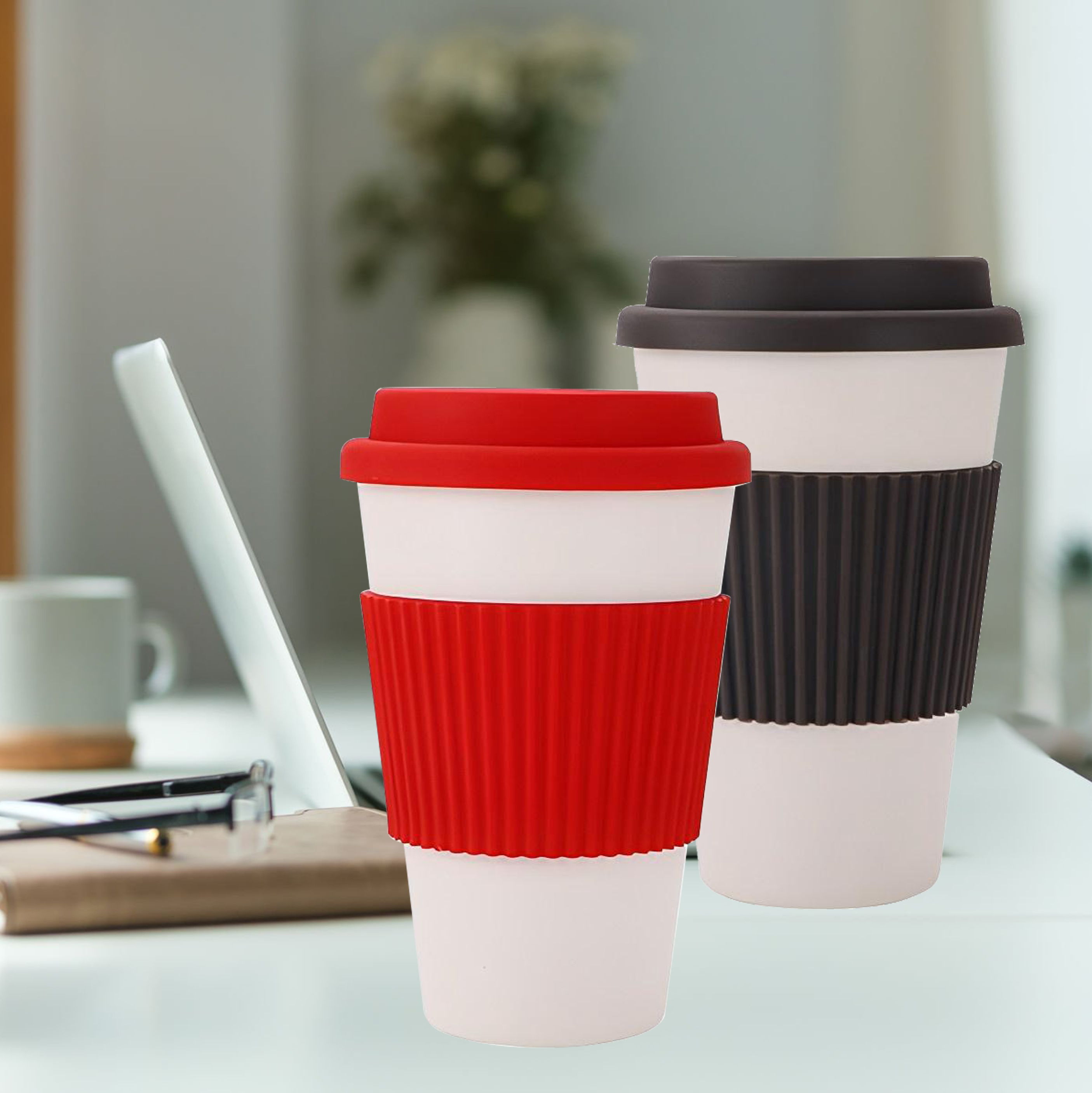 Silicone-Wrapped Ceramic Coffee Cup with Lid