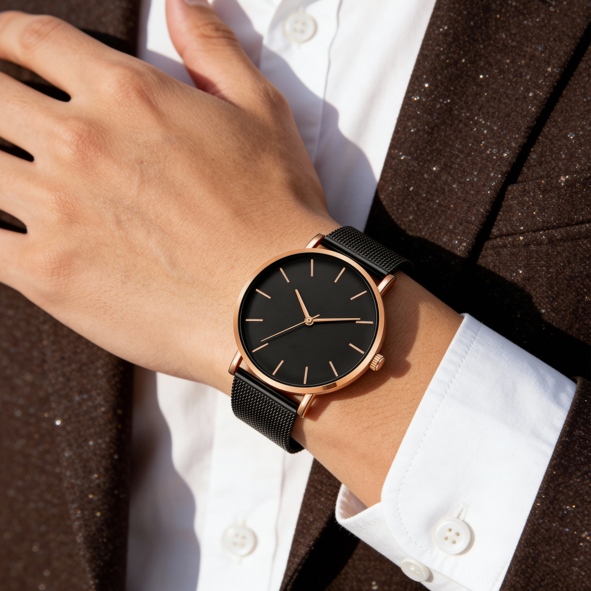 Minimalist Mesh Band Watch Black Dial Alloy Watch