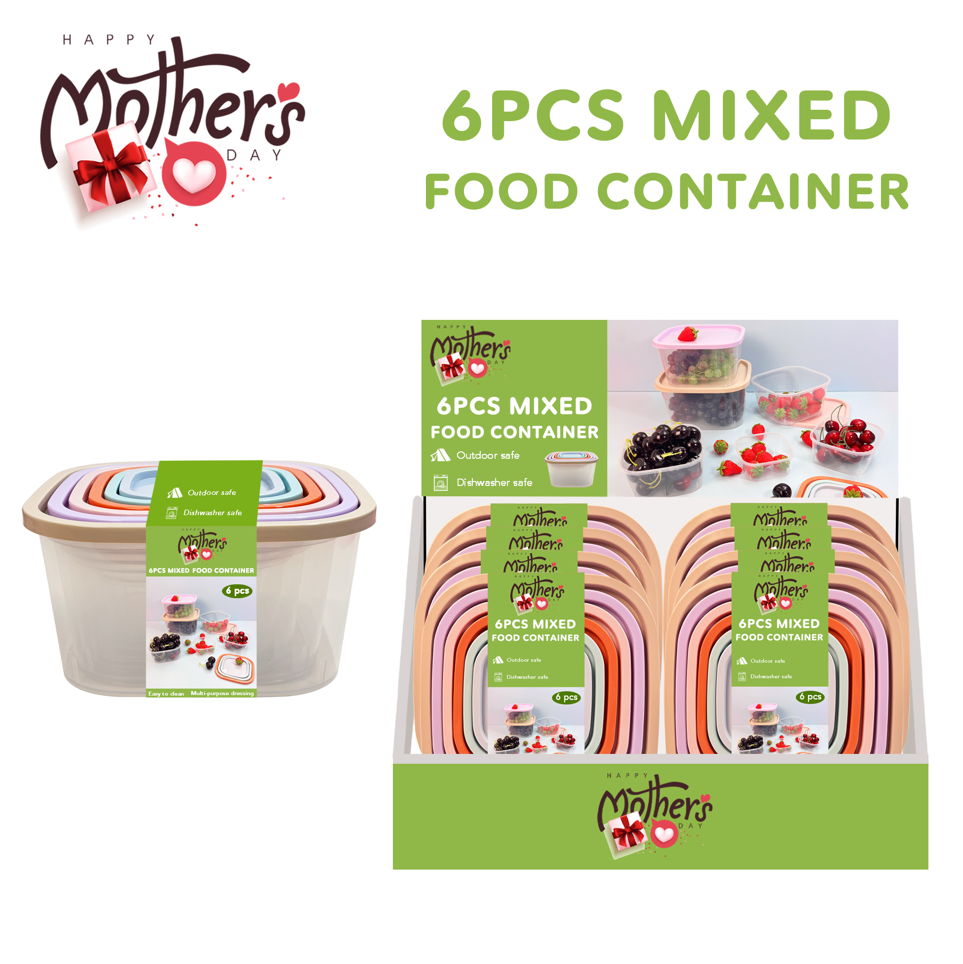 6pcs Mixed Food Container Set Stackable Multi-size Food Storage Containers