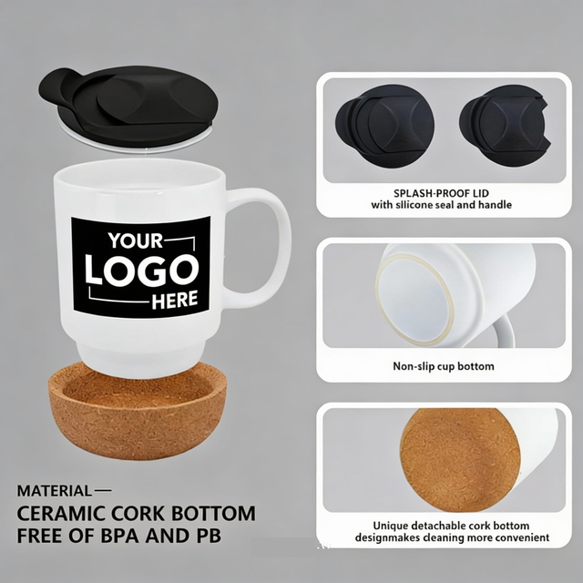 400ML Custom Logo Ceramic Cork Mug Splash-proof Lid Coffee Mug