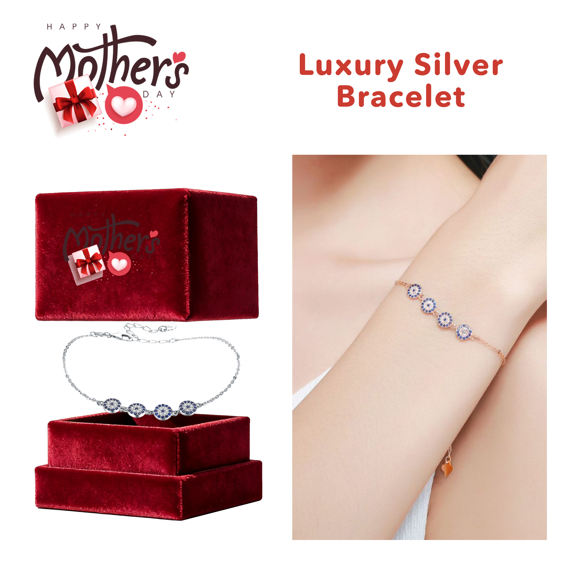 Mother's Day Evil Eye Silver Bracelet Luxury Silver Evil Eye Bracelet