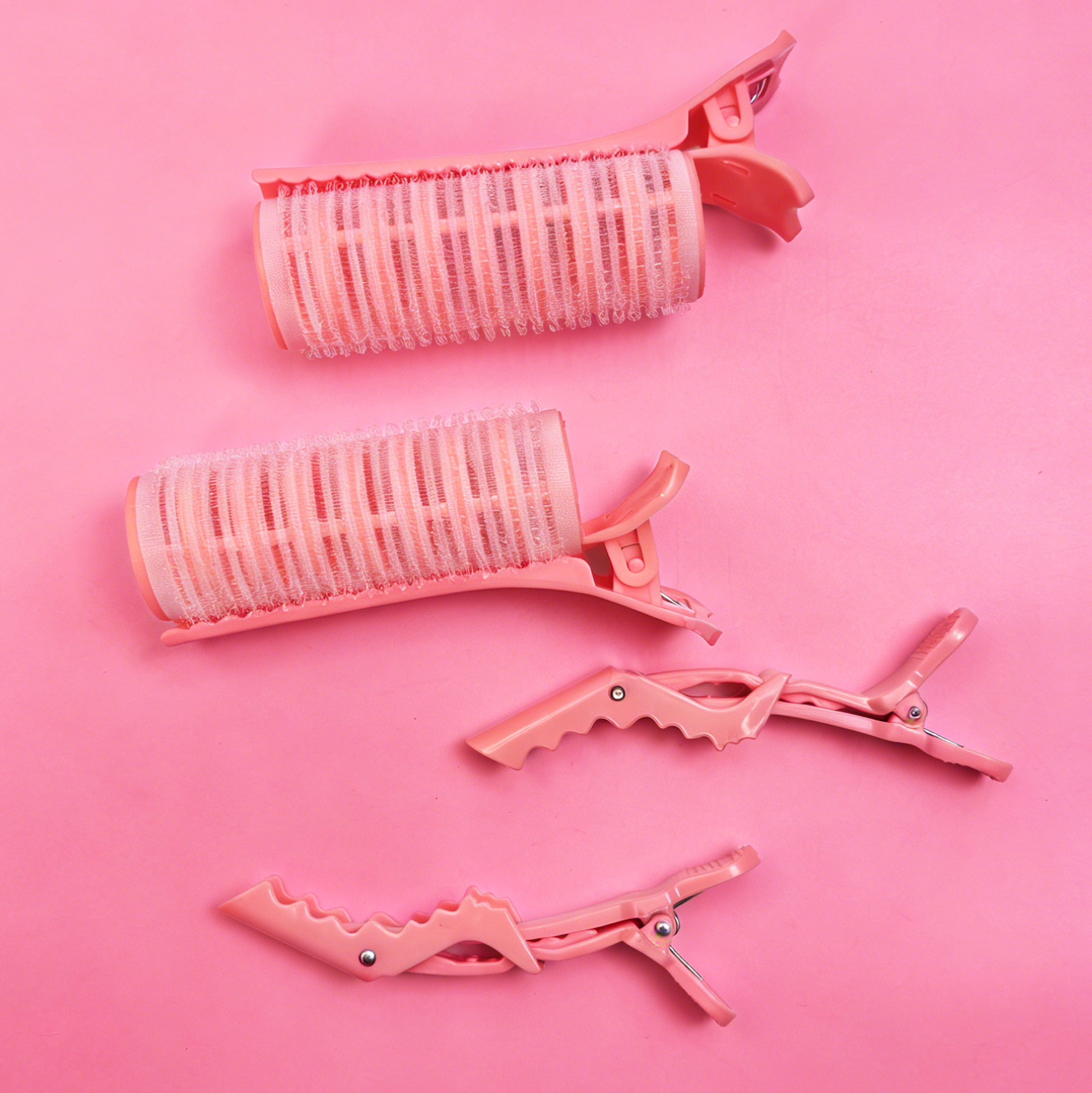 Set of 4 Pink Hair Roller Clips Striped Mesh Hair Curlers