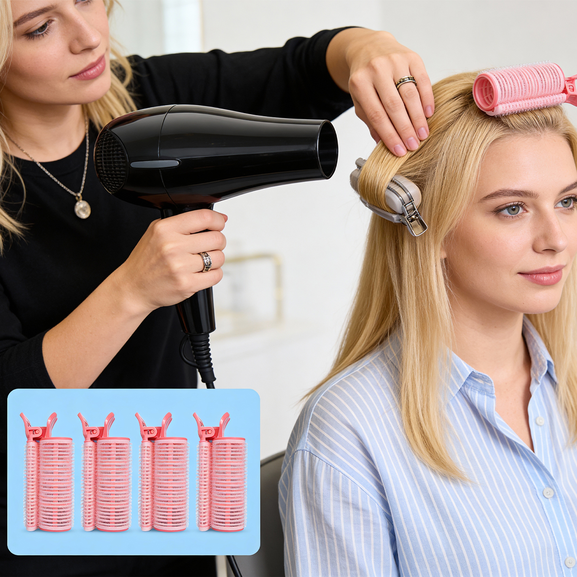 Set of 4 Striped-pink Clip-on Hair Rollers
