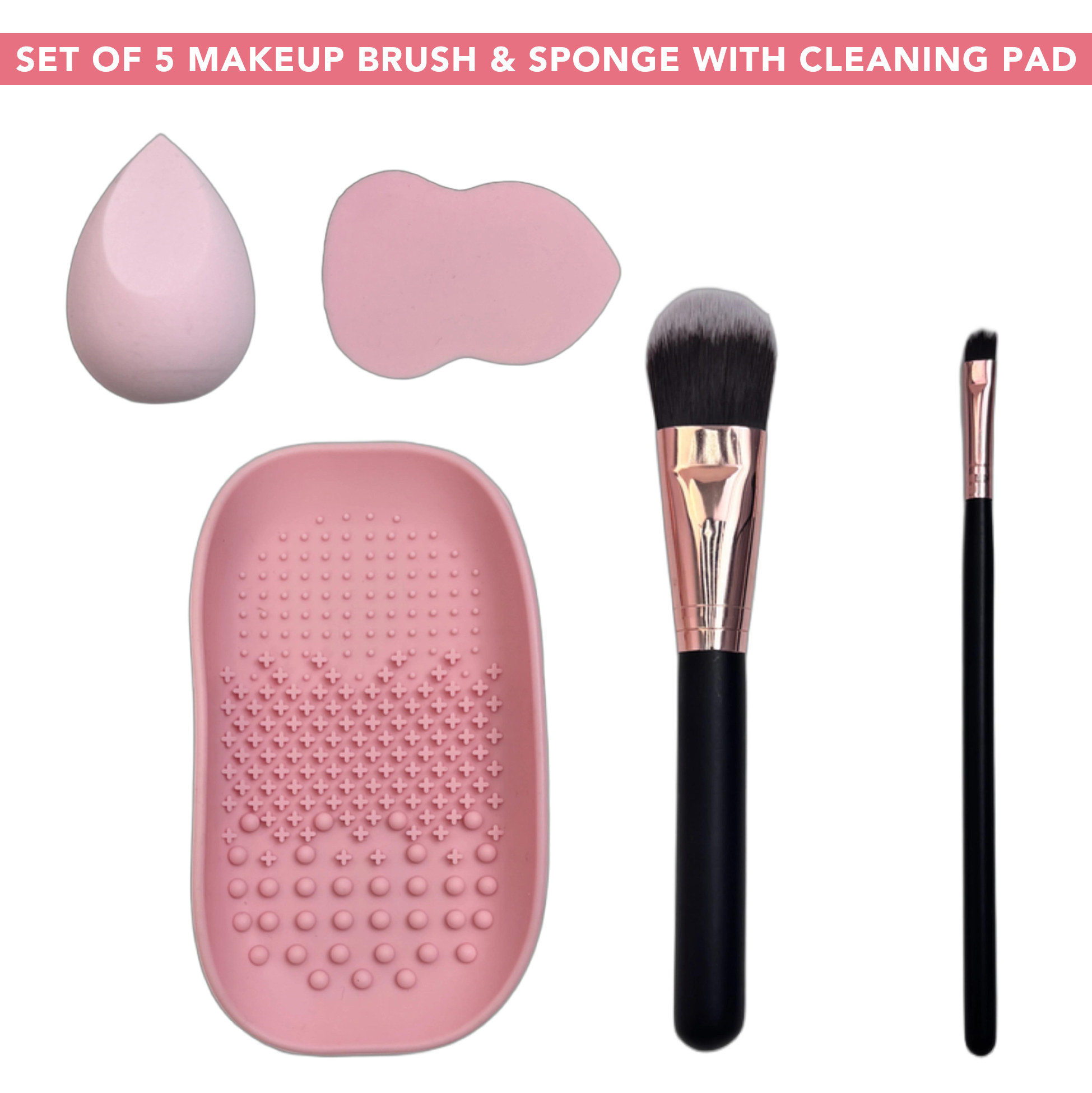 Set of 5 Makeup Brush & Sponge with Cleaning Pad
