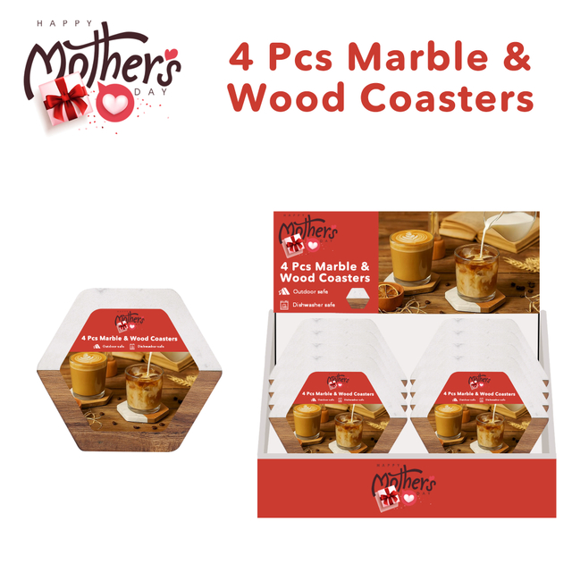 4-pcs Marble & Wood Coasters Set Hexagonal Marble-wood Drink Coasters