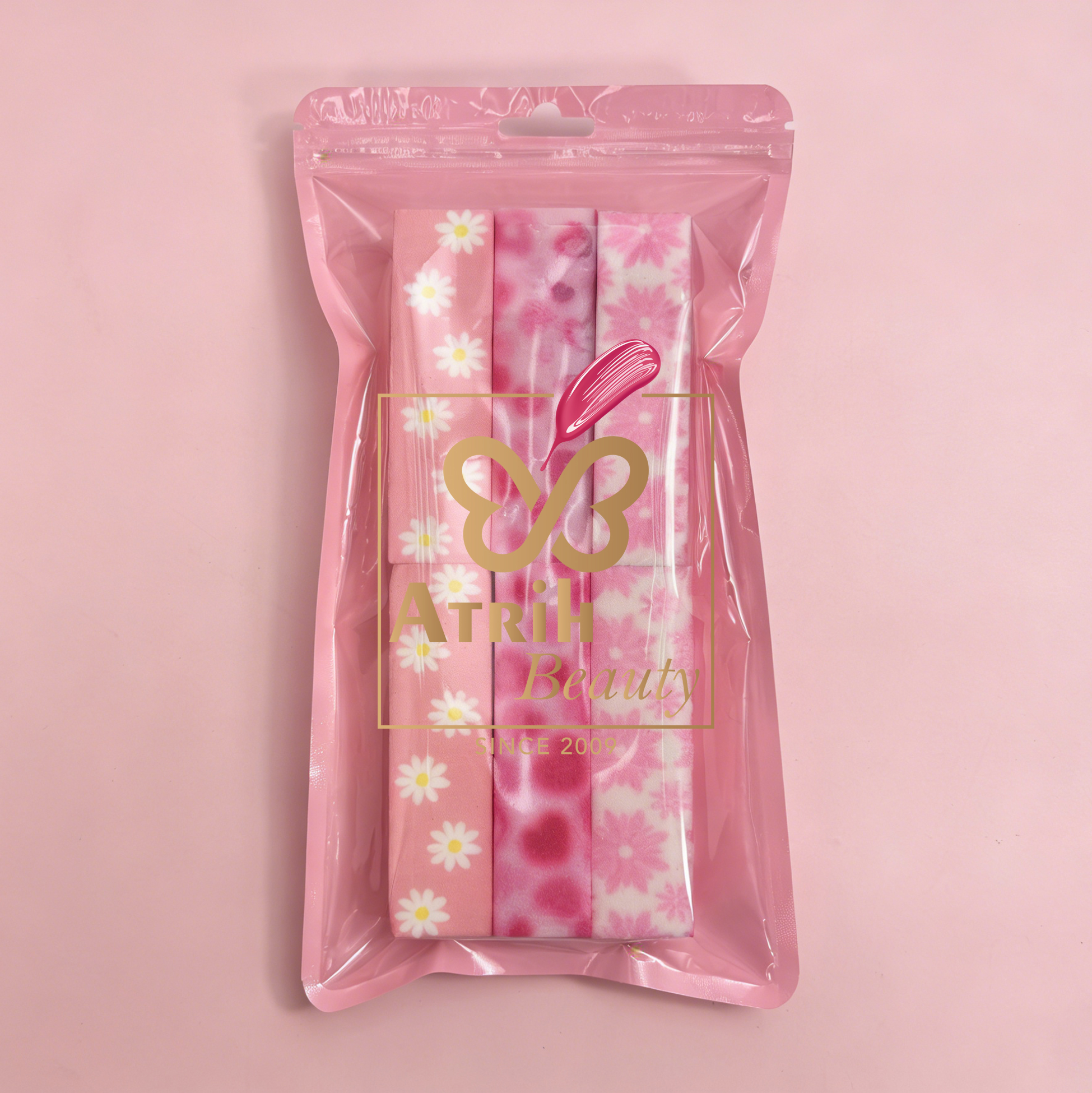 Set of 3 4-Sided Nail Buffer Block Pink Floral Nail File