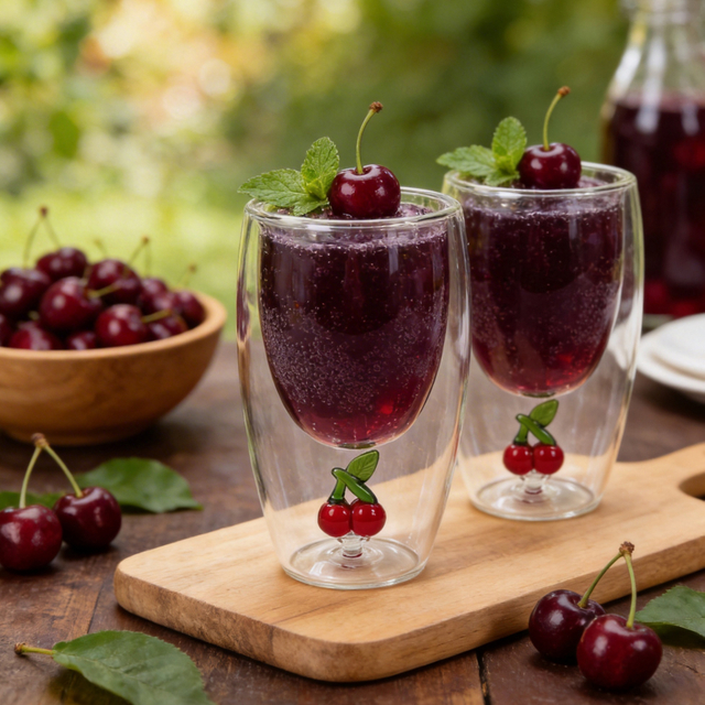 Set of 2 300ml Cherry Double Wall Glass Cup