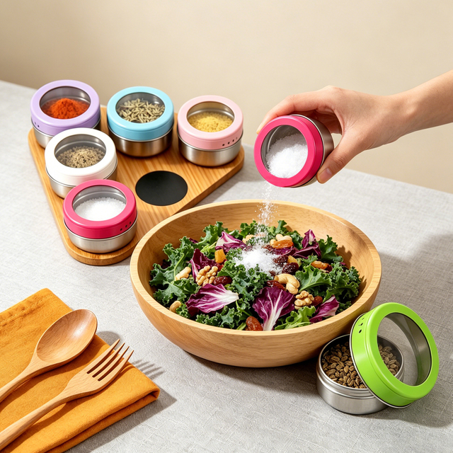 Magnetic Spice Tins Set of 7 with Bamboo Stand