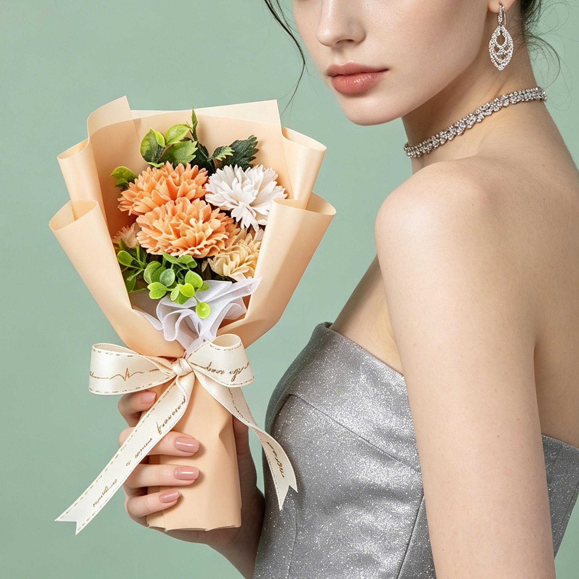 Peach Orange Artificial Carnation Flower Bouquet with Gift Box